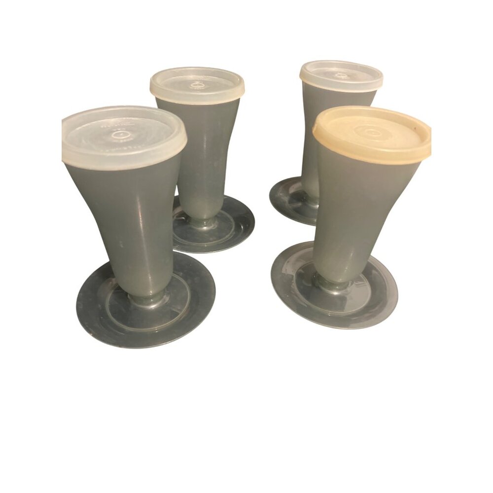 Vintage Set of 4 Tupperware Gray Parfait Dessert Cups Lids 754 Easy Stack Estate